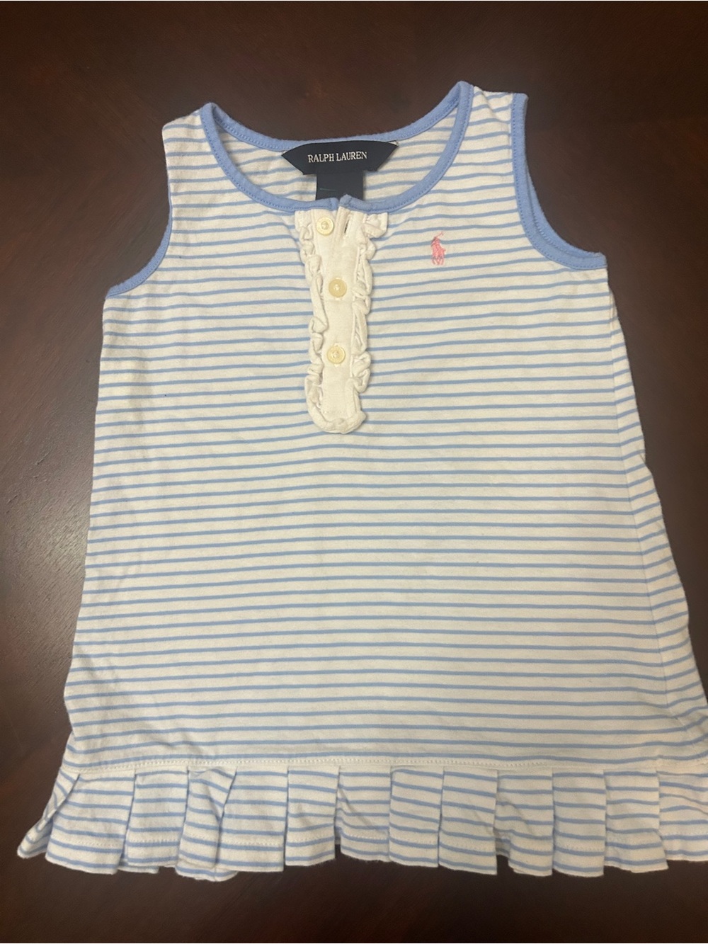 Ralph Lauren Baby Girl Blue White Striped Ruffle Dress 12M Cotton Sleeveless